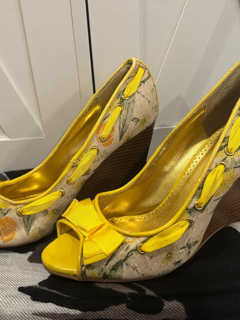 Anne Michelle Yellow Floral Peep-Toe Wedge Heels